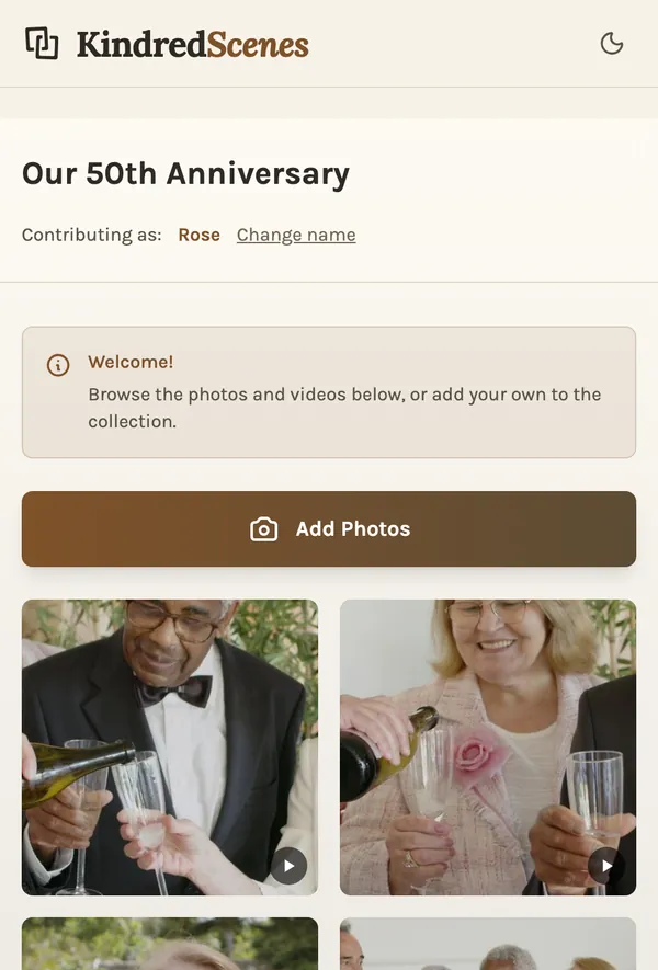 What a guest sees on their phone after opening the link: the photos already added, and a button to add their own.
