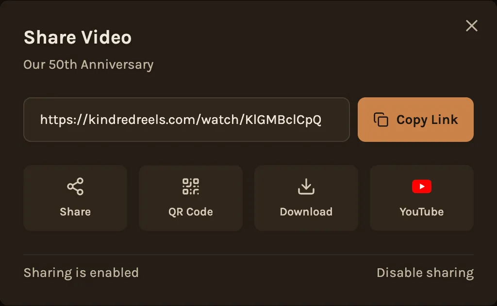 Sharing the finished film: copy a private link, download it or put it on YouTube.