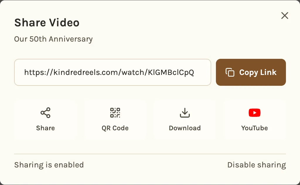 Sharing the finished film: copy a private link, download it or put it on YouTube.