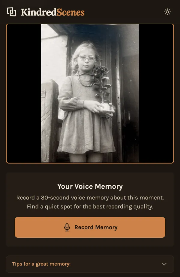 A relative's phone, ready to record a short voice memory about an old family photo.