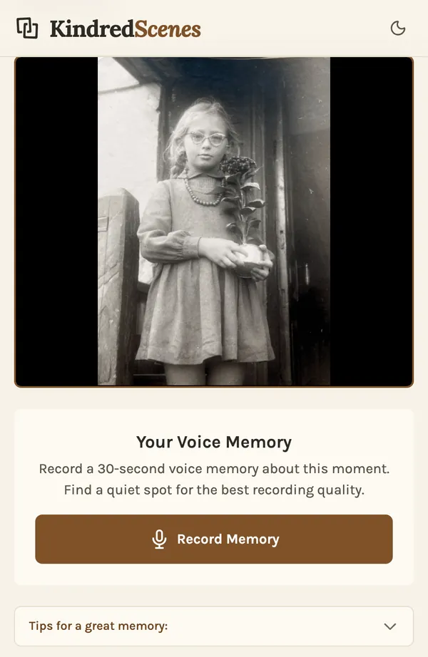 A relative's phone, ready to record a short voice memory about an old family photo.